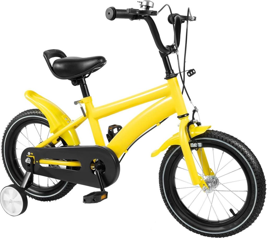 Kinderfahrrad - Größe 35 cm - Leichter Kohlenstoffstahlrahmen - Verstellbarer Sattel - Stützräder - Doppelbremsen - Alter 2–4 Jahre - Gelb