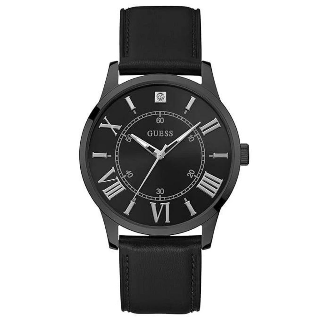 Guess Briefcase Armbanduhr U1411G2 – Herren Uni – schwarz – 43 mm Edelstahlgehäuse, Lederarmband, 5 ATM, Quarz