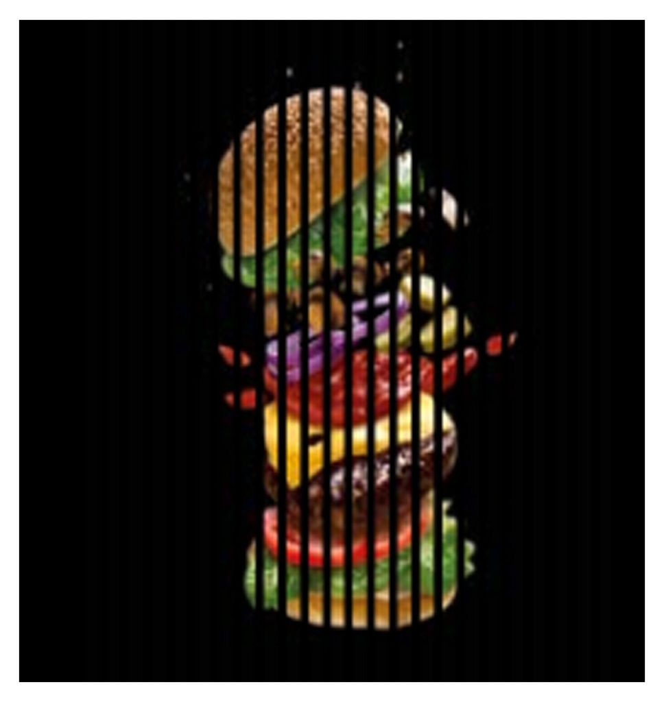 Akustikpaneele mit Digitaldruck Burger01 19 x 1133 x 1195 mm Burger MDF PET-Fasern Wandpaneele Grün Gelb Braun Rot Lila 2 Einzelplatten