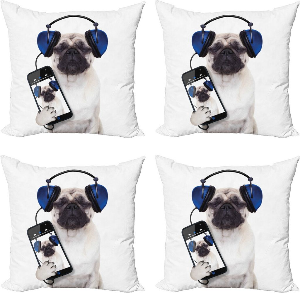 ABAKUHAUS Mops Kissenbezug Set (4 Stück), Musik hören Dog Phone, Moderner Doppelseitiger Digitaldruck, 45 cm x 45 cm, Marine-Blau-Schwarz