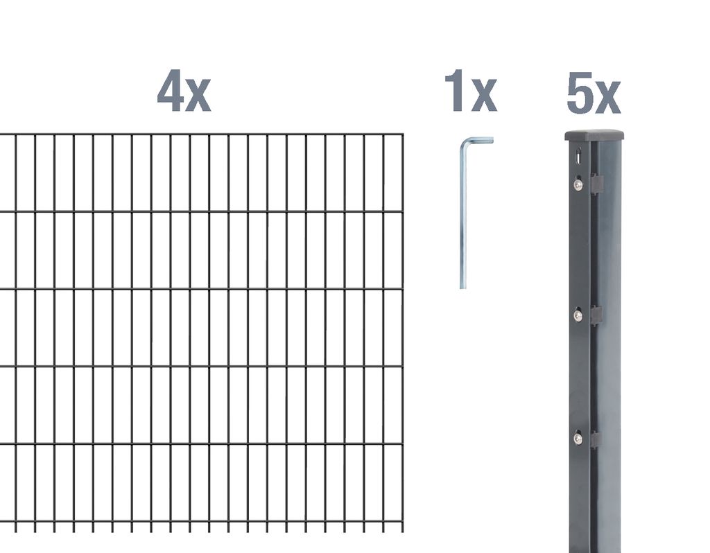 Alberts Doppelstabmattenzaun 8-6-8, Matten 2,50 m, Höhe 2,23 m, Länge 10 m, anthrazit, Zaun als Komplettset, Pfosten mit Abdeckleiste 60x40 mm