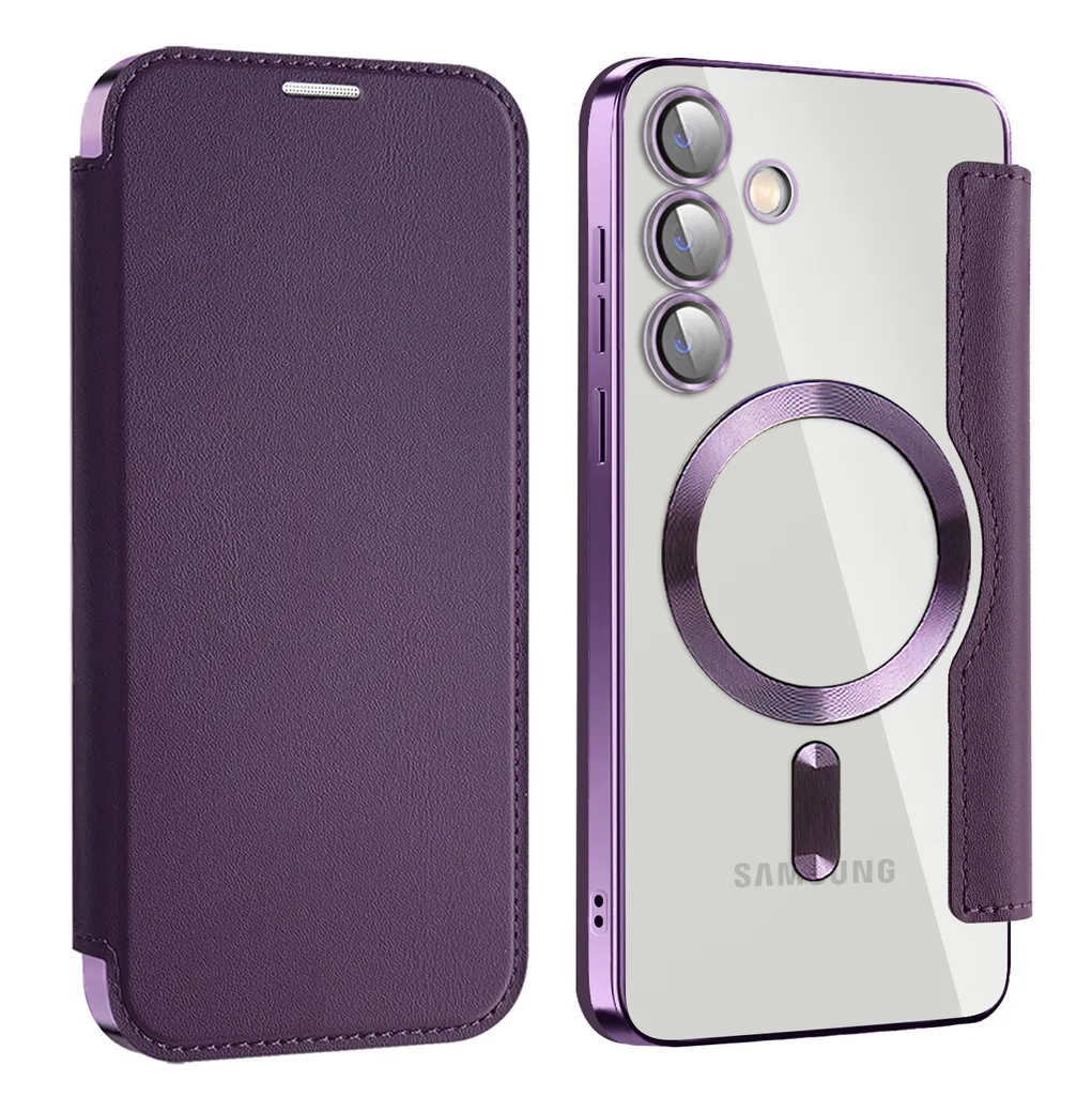 Custodia in pelle per Samsung Galaxy S25, dolce gatto Custodia flip con funzione stand e portafoglio Viola