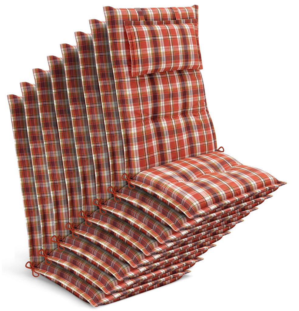 Beautissu 8x Premium Hochlehnerauflage 120x50x7cm, Orange-Rot-Grün-Kariert