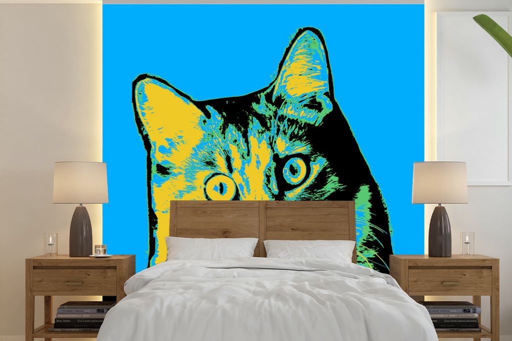 MuchoWow Fototapete für Wohnzimmer oder Schlafzimmer Wandtapete Vinyl Motivtapete Popart Katze - 300x300 cm - Wanddekoration