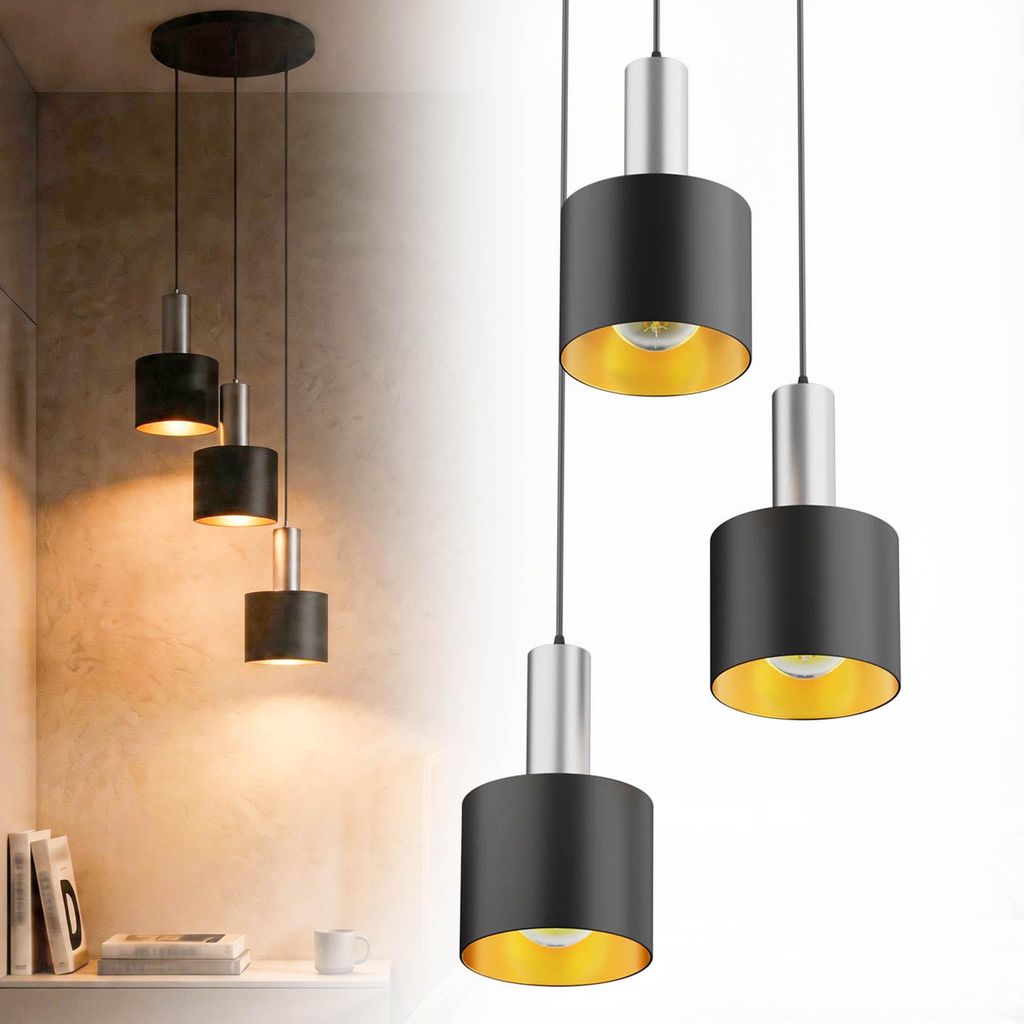 XMTECH Industrielle Pendelleuchte E27 3-flammig, Metall Hängelampe Schwarz Silber, Warmweiß 2800K, Höhenverstellbar 150 cm, Esszimmer Wohnzimmer...