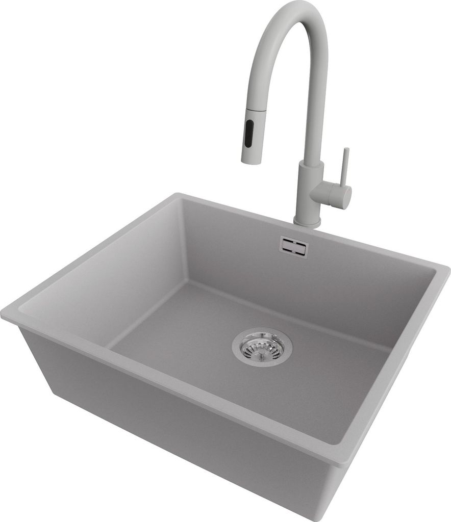 PRIMAGRAN Granitspüle Grau 56x47cm, Spülbecken 1 Becken + Küchenarmatur 40x20cm + Ablauf-Set, Küchenspüle ab 60er Unterschrank - London Slim