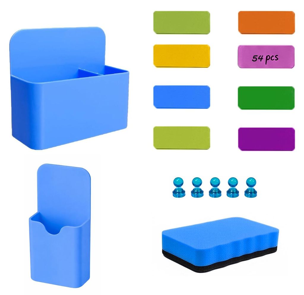 Whiteboard-Zubehörset – 54 beschreibbare Magnetstreifen, magnetischer Stifthalter, Whiteboard-Schwamm, ideal für Büro, Schule, Küche, Kanban