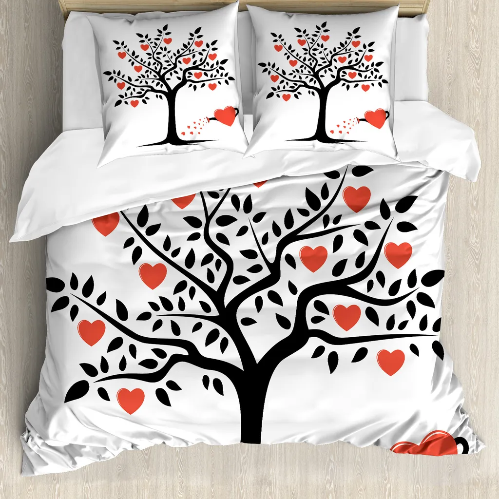 ABAKUHAUS Set copripiumino per letto matrimoniale, romantico albero dell'amore, antiacaro, adatto a chi soffre di allergie, con federe, rosso cinabro e nero