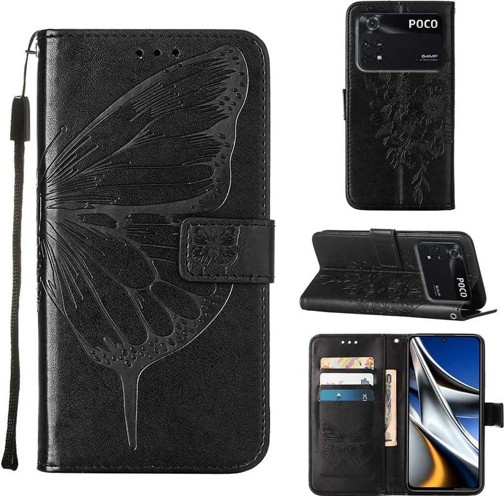 Custodia in Pelle Poco M4 Pro 4G - Flip Case Butterfly Relief