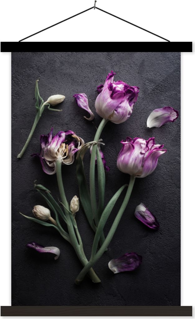 MuchoWow Textilposter Tulpen - Lila - Blätter 60x90 cm mit schwarzem Rahmen - Poster Wohnzimmer