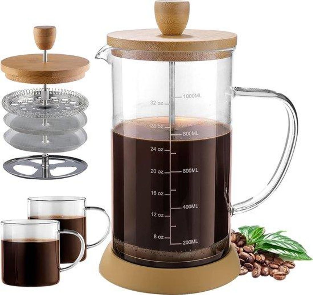 Bamboe Koffiemachine mit doppeltem Filter, Hitzebeständiges Borosilicat-Glas, 1 Liter Fassungsvermögen, 2 Gläser, Antislip-Griff