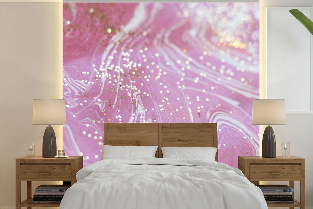 MuchoWow Fototapete für Wohnzimmer oder Schlafzimmer Wandtapete Vinyl Motivtapete Marmor - Gold - Weiß - Rosa - 220x220 cm - Tapeten