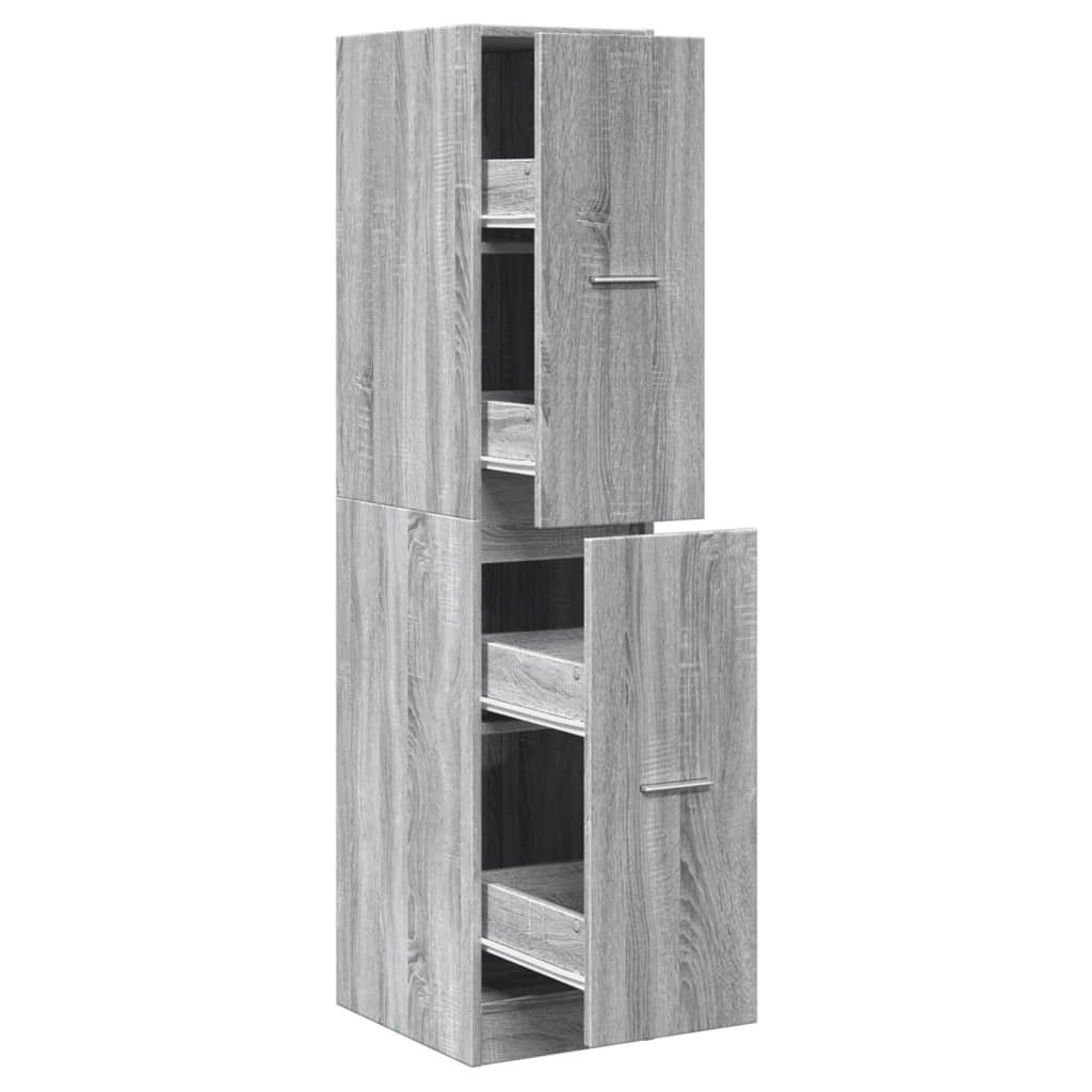 A tall, narrow cabinet with two sections, each with a door and pull-out drawers. The cabinet has a wood-grain texture and is gray in color.