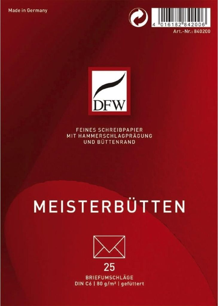 DFW 840200 Briefumschlag Meisterbütten - DIN C6, gefüttert, 80 g/qm, 25 Stück