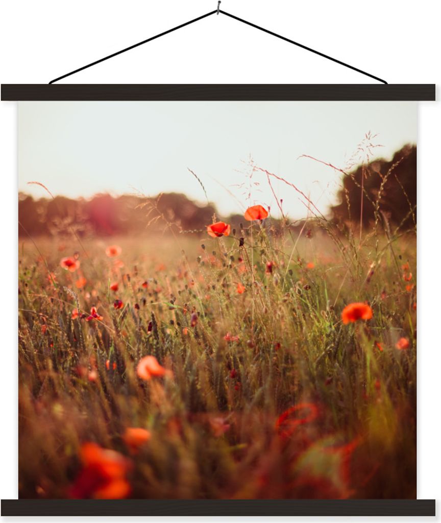 MuchoWow Textilposter Sonnenuntergang - Blumen - Rot 120x120 cm mit schwarzem Rahmen - Aufhängungsset