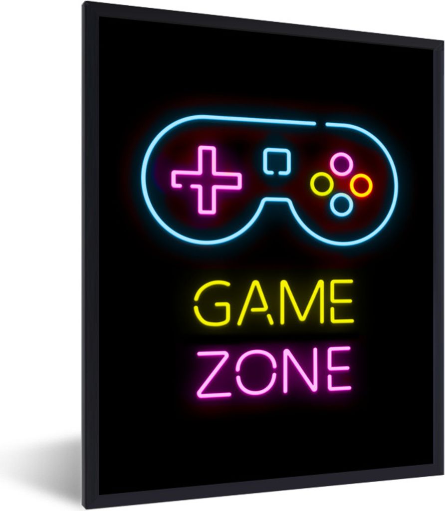 MuchoWow Gerahmtes Poster Controller - Spiel - Neon - Schwarz - Zitate - Spielzone 30x40 cm - Poster mit Schwarzem Bilderrahmen Wandposter Rahmen...