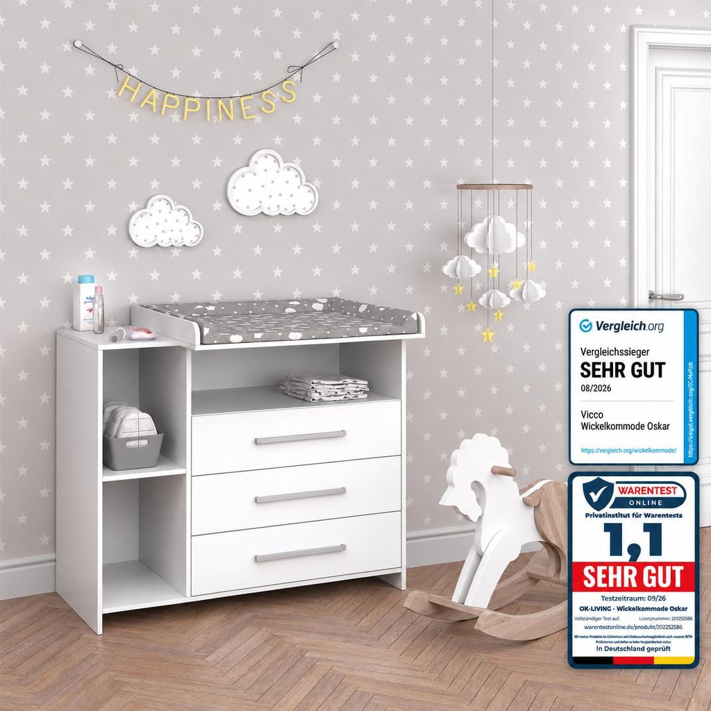 Komodo verschoningstafel Vicco Oskar, wit, 113 x 100 cm, Productafbeelding  AI-gegenereerde afbeelding