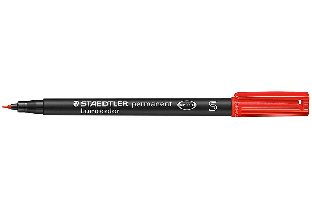 A red Staedtler Lumocolor permanent marker is shown horizontally against a white background.