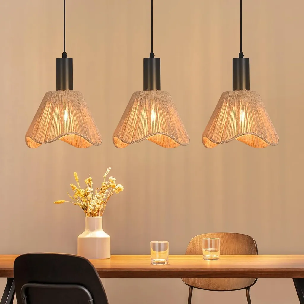 Suspension salle à manger en rotin tressé luminaire 3 lampes vintage