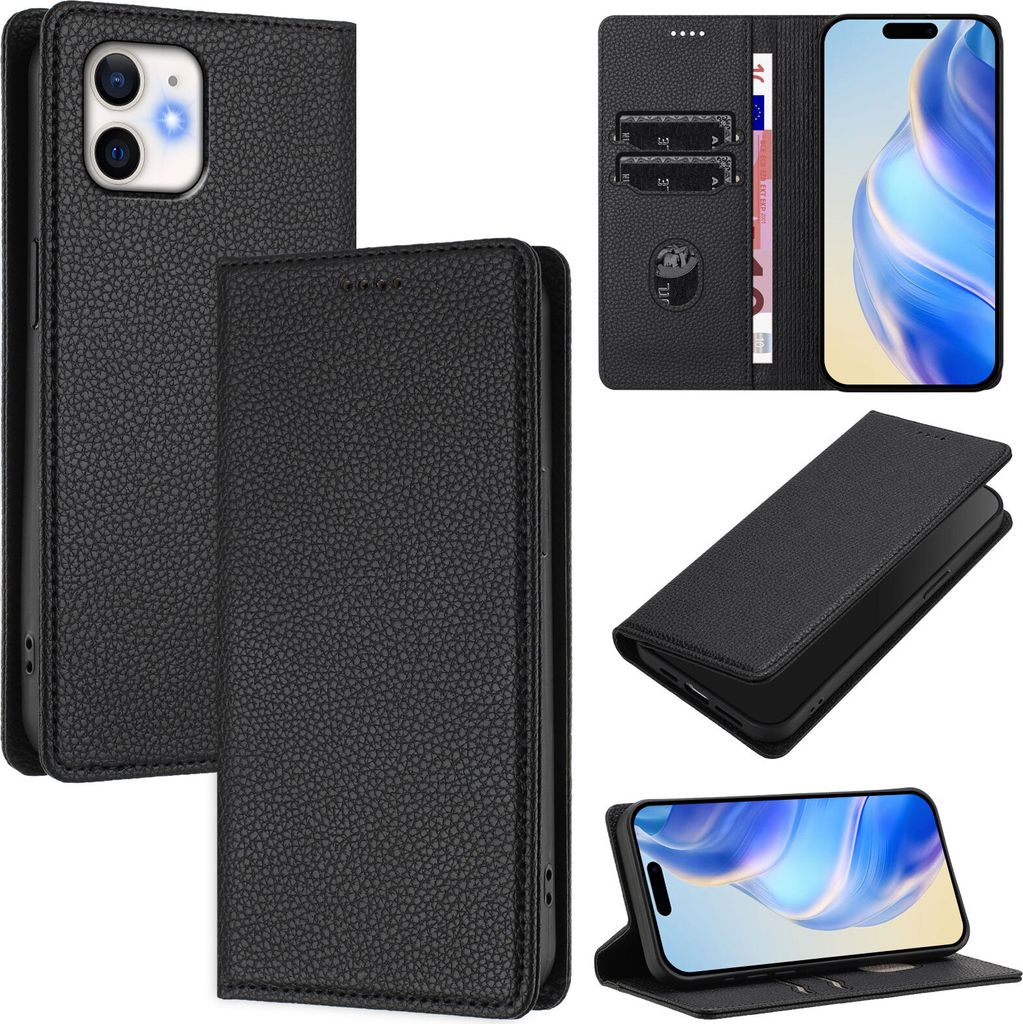 Litchi Leder Handyhülle für iPhone 12 / iPhone 12 Pro Wallet Kartenfächer Standfunktion Hülle Schwarz
