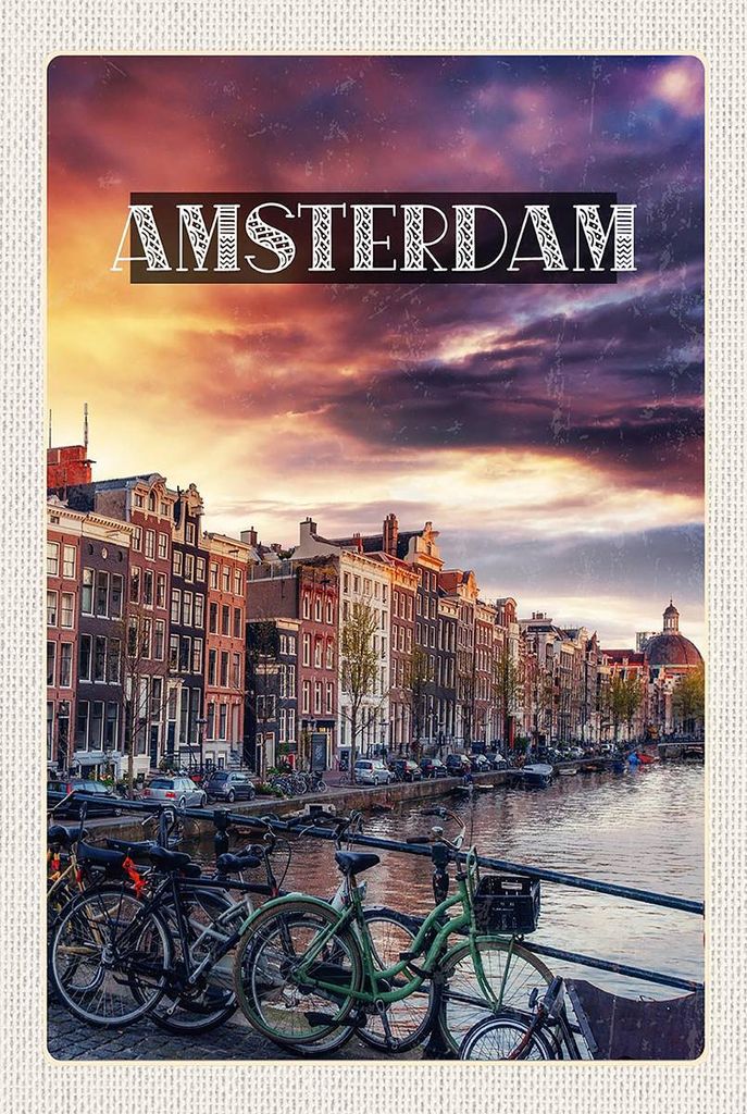 vianmo Holzschild 18x12 cm Amsterdam Sonnenuntergang Bildmotiv Reisemotiv Abenteuer Reisen