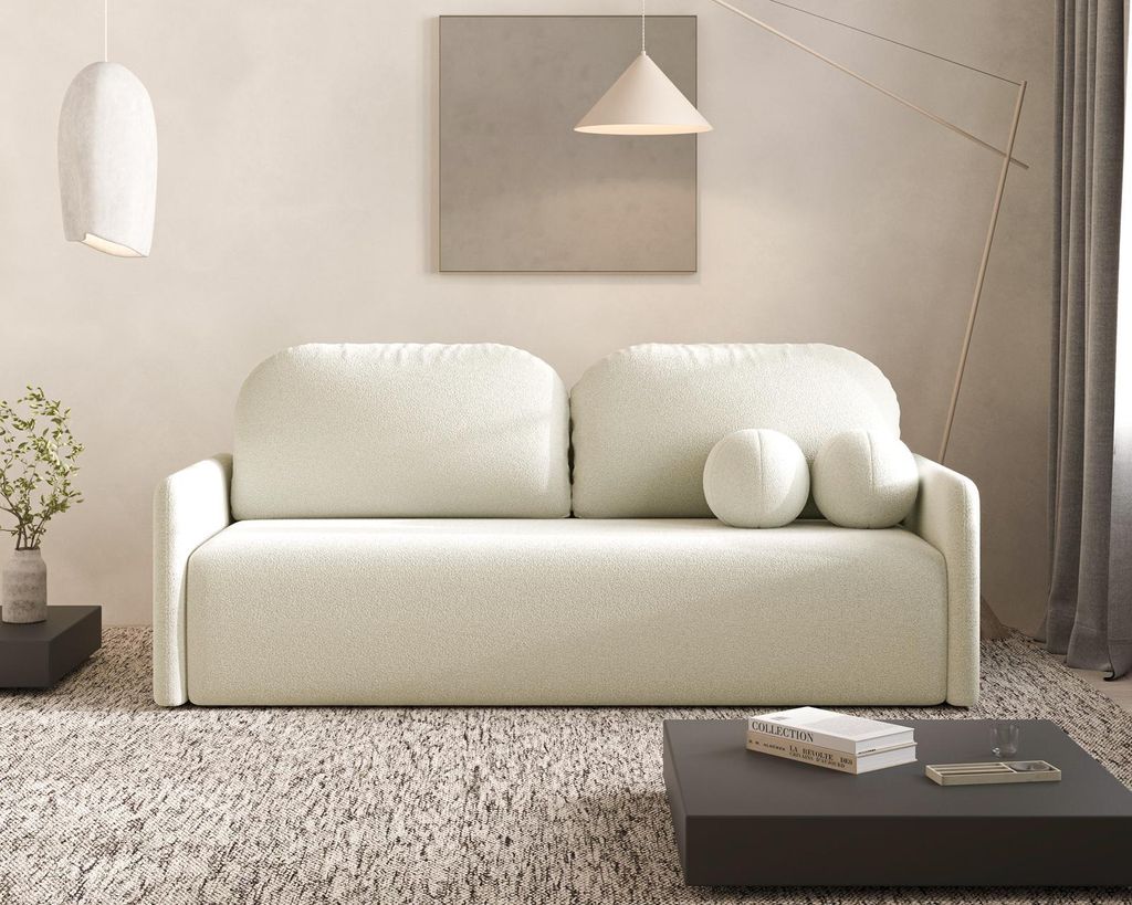 DEKORI Skandinavisches Sofa MALVA – 3-Sitzer Stoffsofa mit runden Kissen - QUELLE 02 (Cremeweiß)