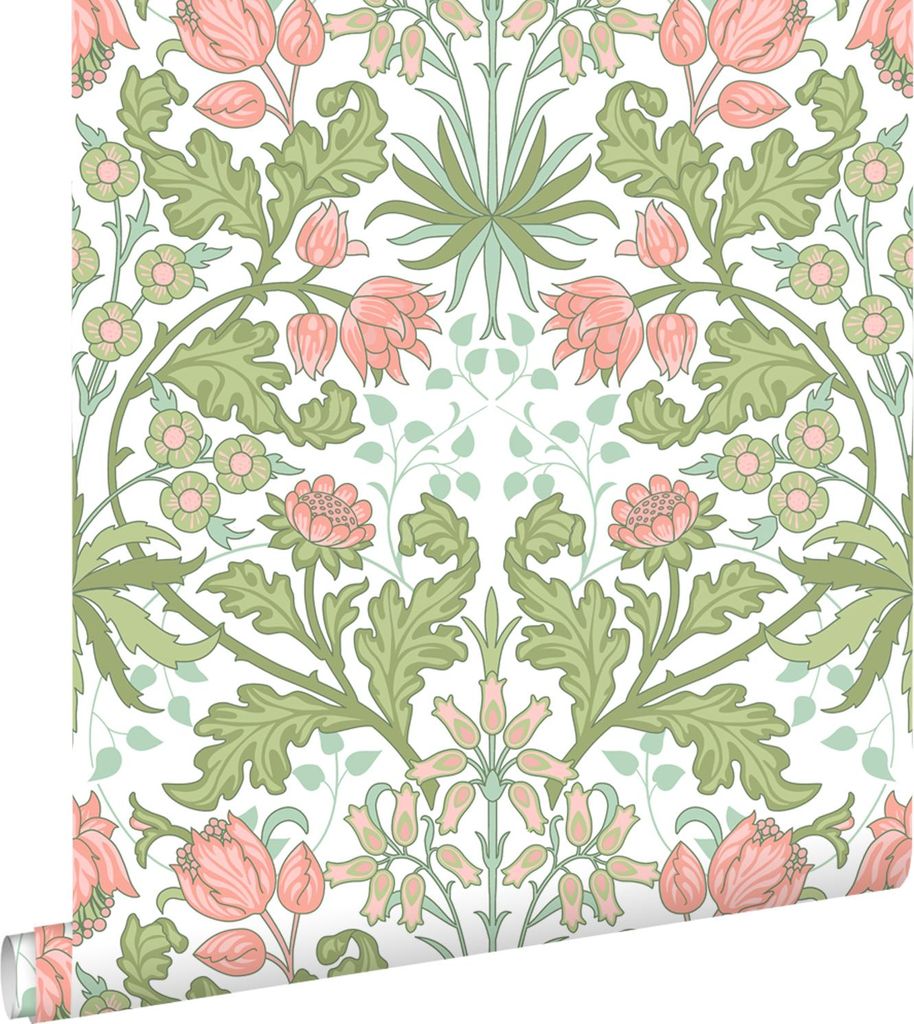 ESTAhome Tapete Blumenmuster im Jugendstil Grün und Rosa 50 x 900 cm