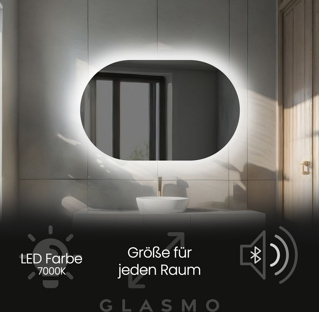 Badspiegel mit Beleuchtung 140x60 cm Ariana - Horizontal Oval Spiegel mit LED Beleuchtung - Kaltweiß 7000K - Badezimmerspiegel Lichtspiegel mit Bl...
