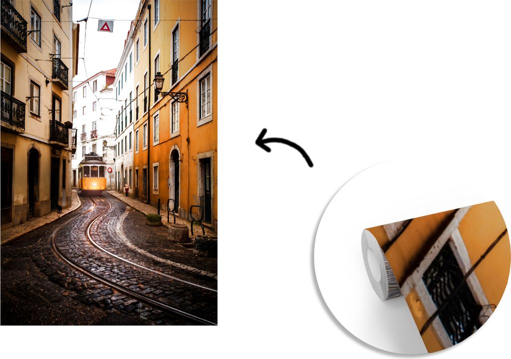 MuchoWow Fototapete für Wohnzimmer oder Schlafzimmer Wandtapete Vinyl Motivtapete Straßenbahn in Alfama Portugiesisch Lissabon - 175x260 cm - V...