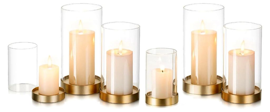 Windlicht aus Glas: 6er Set große goldene Kerzenständer mit Glaszylinder für Wohnzimmer, Outdoor, Weihnachts- und Hochzeitsdekoration