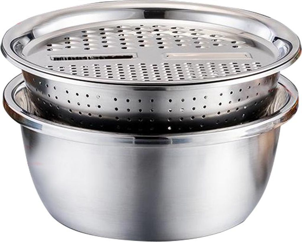 3 in 1 Kitchen Basin Reibe Mehrzweck-Sieb Schneidemaschine Zerkleinerer mit Deckel Edelstahl Schneidemaschine Mandoline Reis Waschen Pasta Mischen ...