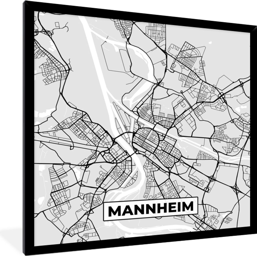 MuchoWow Gerahmtes Poster Deutschland - Karte - Mannheim - Stadtplan 40x40 cm - Poster mit Schwarzem Bilderrahmen Wandposter Rahmen Foto Bilder -...