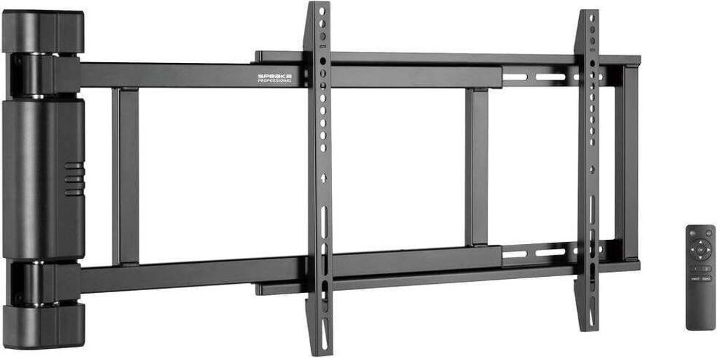A black, articulated TV wall mount with a remote control is shown against a white background.