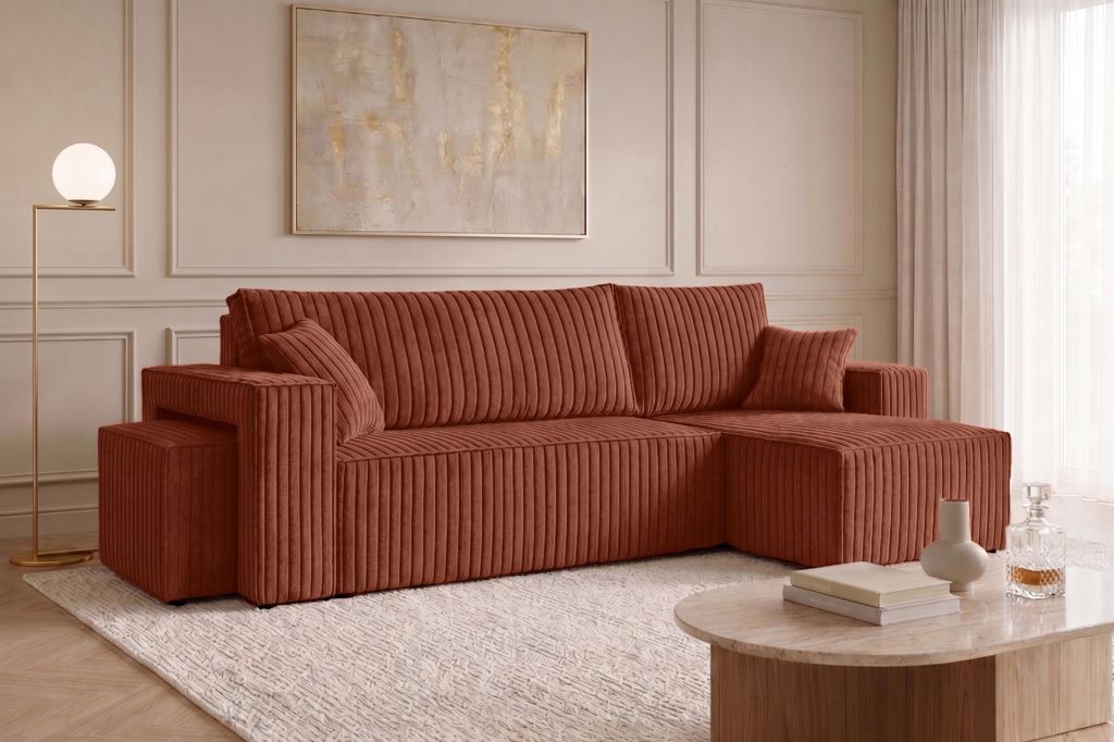 Kaiser Möbel Ecksofa mit Schlaffunktion und Pouf, Cordstoff Tilia, Kupfer, Rechts, BEST L mit Pouf