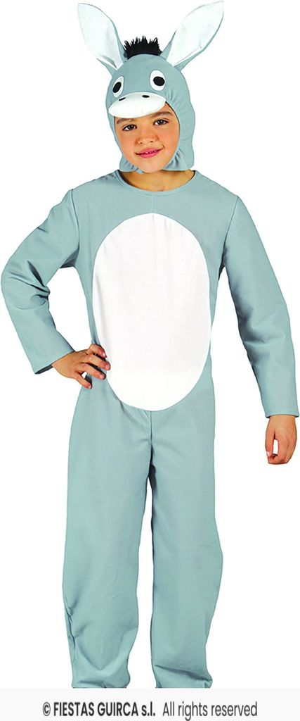 Kinder Eselkostüm – Grauer Jumpsuit mit weißem Bauch und niedlicher Kopfbedeckung Gr. 98-134, Größe:110/116