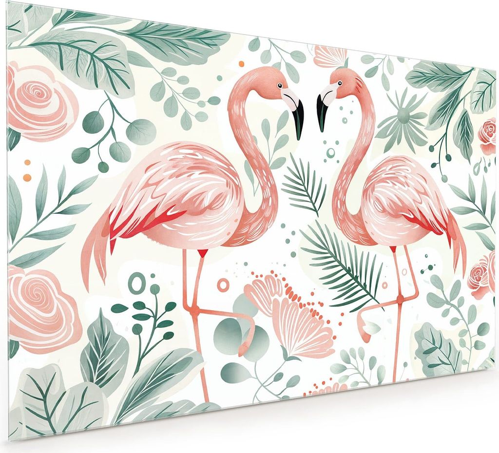Küchenrückwand Spritzschutz Glas mit Motiv Flamingo Blätter 40 x 40 cm