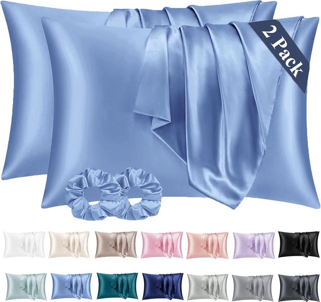 Satin Kissenbezug 2er Set Blau 40x80cm Haar Haut Pflege Produktbild 