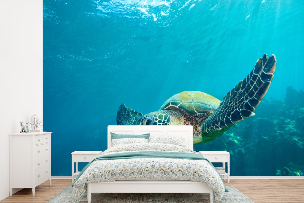 MuchoWow Fototapete für Wohnzimmer oder Schlafzimmer Wandtapete Vinyl Motivtapete Eine grüne Unterwasser-Schildkröte - 360x240 cm - Vinyl-Tapete