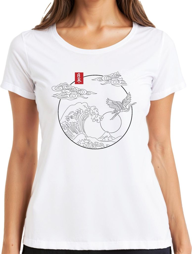 Japanische Welle Kranich Fuji Sonne Wolken Kreis Linienkunst Damen T-Shirt, Weiß, XXL