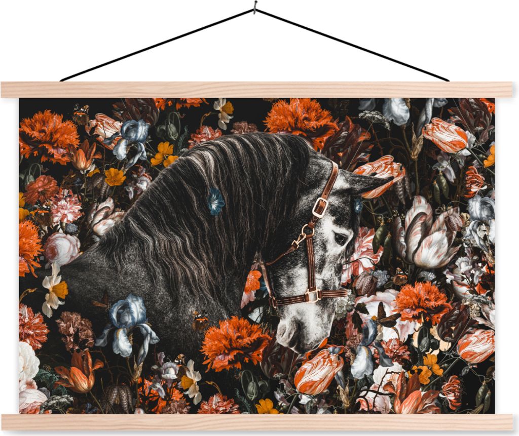 MuchoWow Textilposter Pferd - Blumen - Halfter 60x40 cm mit holzfarbenen Rahmen - Bilder