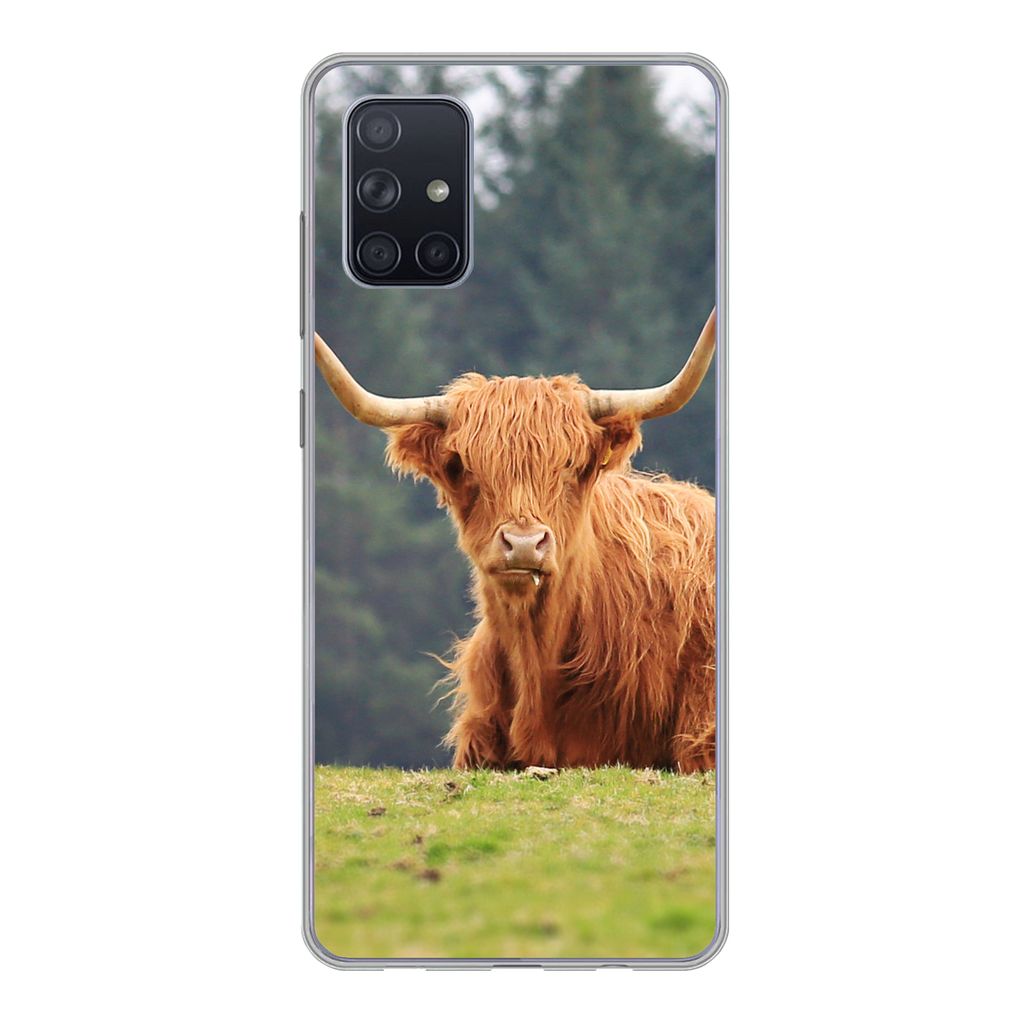 MuchoWow Handyhülle Schutzhülle Hülle für Samsung Galaxy A51 5G Schottische Highlander - Gras - Wald Silikon Softcase Handy Hülle - Abbildung
