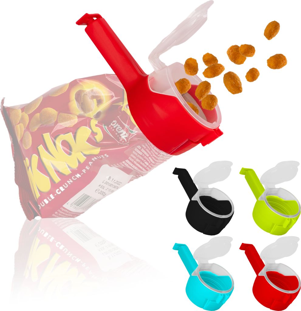 Fino Casa 4er Set Verschlussclips mit Ausschütter, Küchenclip, Tütenclips, Snackspender, Frischeclips, Beutelclip, Verschlussklammer, Tütenverschluss