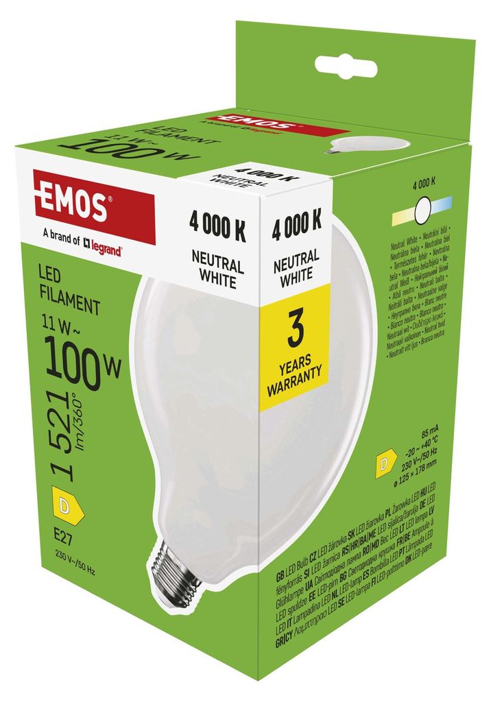EMOS LED Lampe Edison G125, 11W Ersatz für 100W Glühbirne, milchige Glühlampe Globus mit E27 Sockel und Helligkeit 1521 lm, Neutralweiß 4000 K