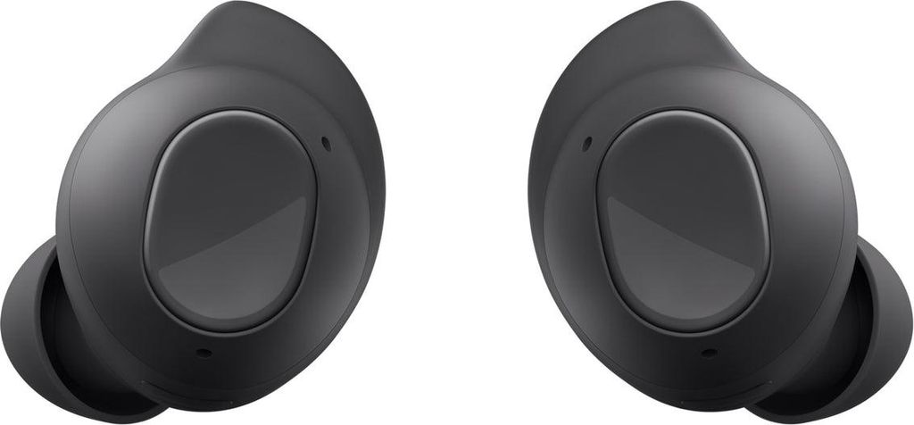A pair of dark gray wireless earbuds are shown against a white background.