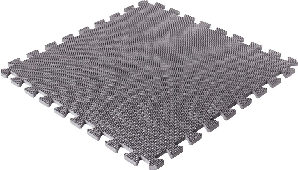 A single gray interlocking foam mat on a white background.
