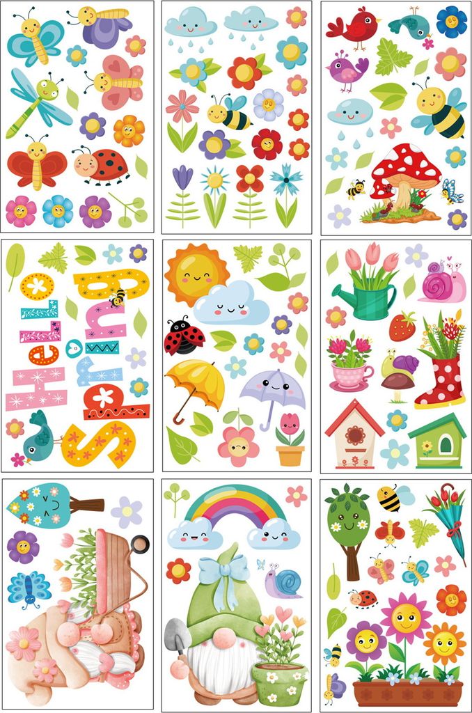 9 Teile/satz Fenster Aufkleber Elektrostatische Absorption Frühling Glas Tür Gnome Muster Statische Aufkleber Wohnkultur