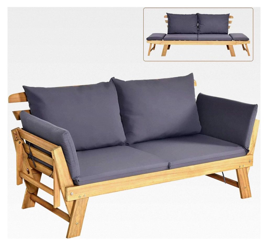 Gartenbank mit Liegefunktion, Gartensofa mit Auflagen und klappbaren Armlehnen aus Akazienholz, 198 x 75 x 75 cm (Grau)