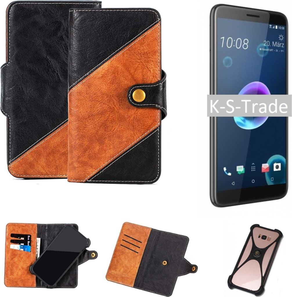 K-S-Trade Handyhülle Schutzhülle Bookstyle Case Wallet-Case kompatibel mit HTC Desire 12 Handy Cover Bumper Klapphülle schwarz hellbraun 1x