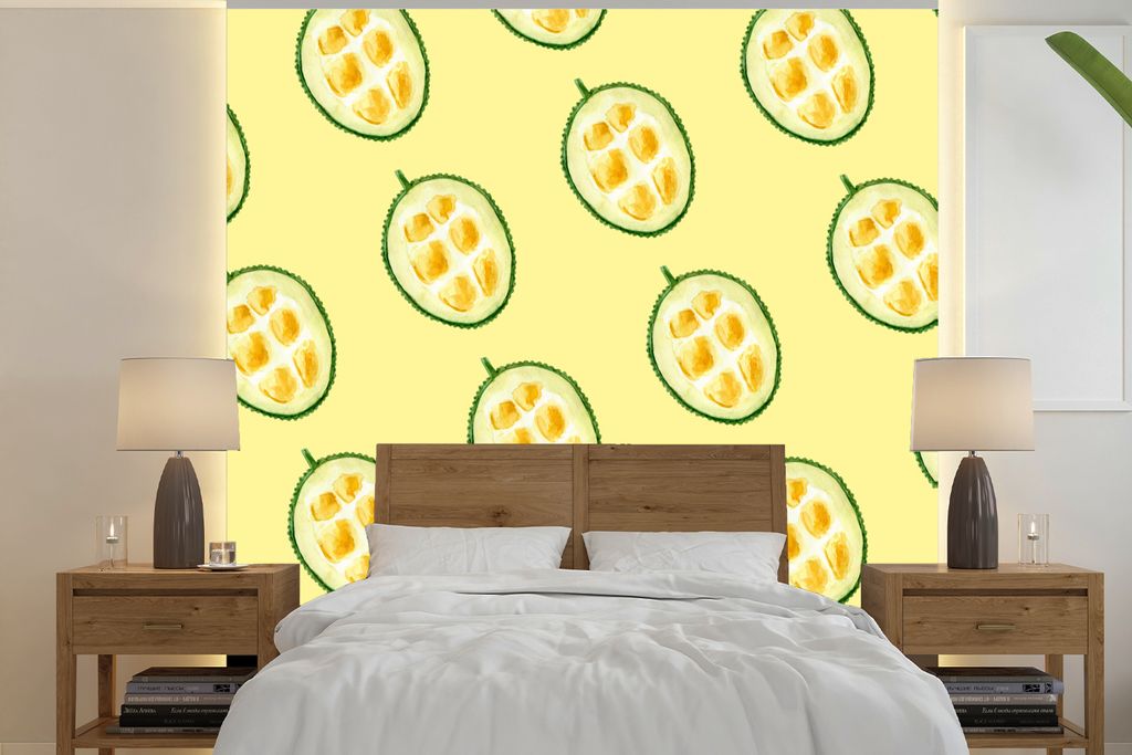 MuchoWow Fototapete für Wohnzimmer oder Schlafzimmer Wandtapete Vinyl Motivtapete Obst - Schablonen - Gelb - 260x260 cm - Papiertapeten