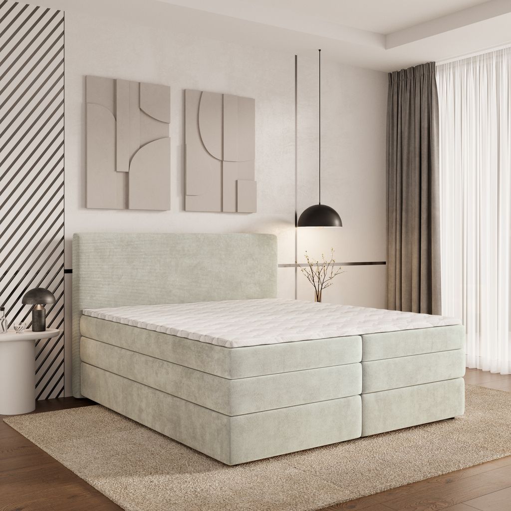 Masseno Boxspringbett MATERN 140x200 cm Komplett-Set mit Bonell Matratze und Topper, Polsterbett mit Bettkästen -Creme, POSO 100 + PAROS 01